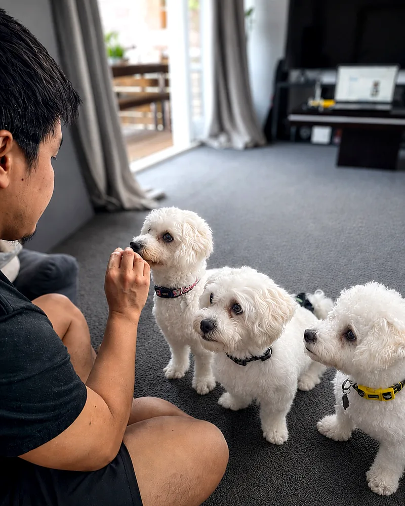 Gerald hand-feeding Peanut, Cassie and Tommy, all three dogs sitting in a row