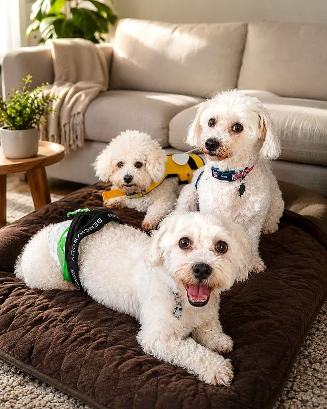 Sherwin's three dogs Peanut, Cassie and Tommy on their bed