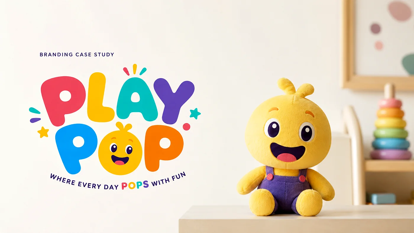 PlayPop brand identity — colourful modular logo system for a kids' entertainment brand