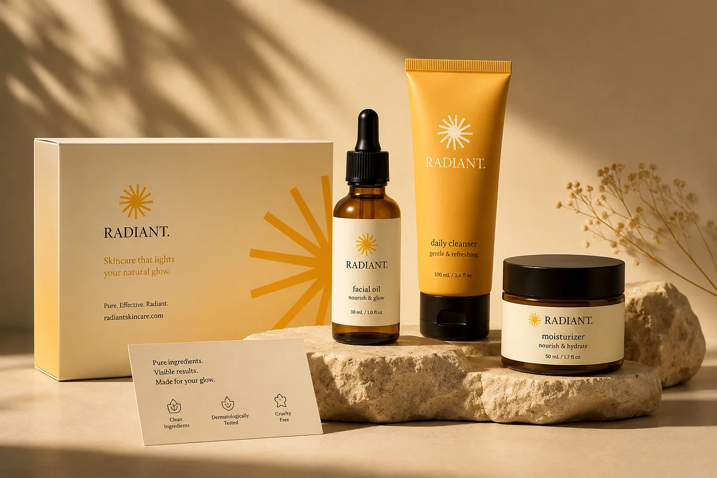 Radiant Skincare packaging — coral and peach clean-beauty brand identity